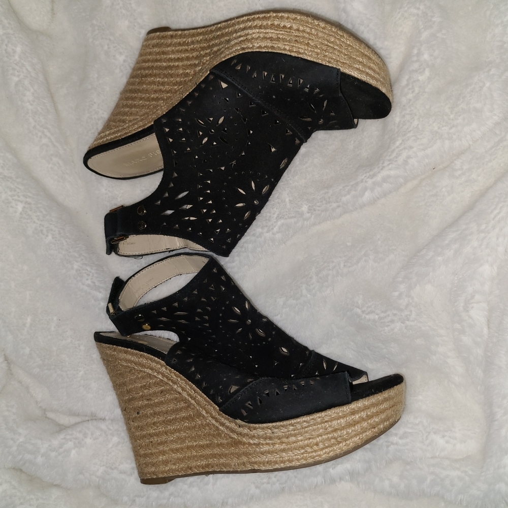 Marc Fisher S. 7.5 Black Suede Leather Tan Espadrille Wedges
